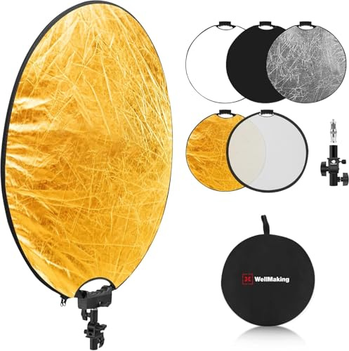 WELLMAKING 32 Inch (80cm) Reflector Photography, Collapsible Light Reflector with Threaded Handle & tilt Adapter, 5 in 1 Handle Reflector for Lighting -Translucent, Silver, Gold, White and Black