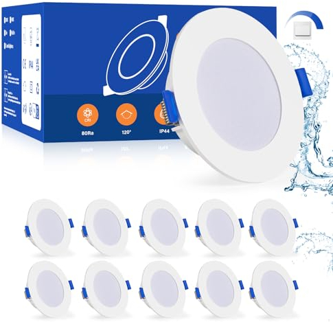 Leselux LED Einbaustrahler 230V Dimmbar, 10x IP44 Spot LED Flach 30mm, Deckenspots Warmweiß 3000K 5W 450LM, Einbauleuchten Decke 70-85mm, Einbauspot Weiß für das Bad Wohnzimmer Küche Badezimmer