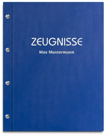 Personalisierte Zeugnismappe mit eigenem Namen in blauer Lederoptik – inkl. 12 Sichthüllen – Handgefertigte Mappe für Zeugnisse und Urkunden