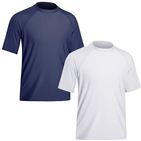 TIZAX 2 Pièces T Shirt Anti UV pour Homme Maillot de Bain à Manche Courte UPF 50+ Rashguard Hauts Tee Shirt de Sport Séchage Rapide Blanc+Bleu Marine M