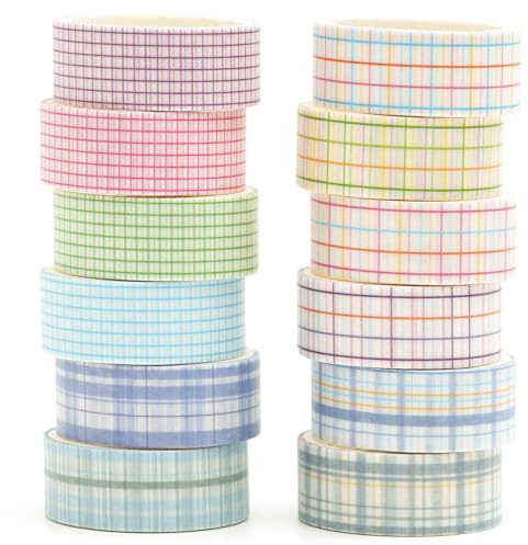 Songdao Gitter Washi Tape Set 12 rullar Schottenstoff Dekorativt tejp Färgrik för scrapbooking, Bullet dagbok, planeringsbok, presentförpackning (stil tre)