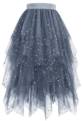 Tüllrock Damen Blau Lang Tütü Damen Karneval Kostüm 50Er Retro Ballet Tanzrock Mehrschichtiger Mesh Faltenrock A-Linie Hoher Glitzer Tüllrock Rockabilly Petticoat Tutu Party Ballettrock