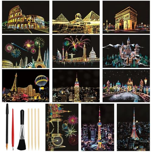 KOUHA Scratch Paper Scratch Art Paper 12 PCS Carta da Grattare Urbana Set di Carta e Penna Fogli da Grattare Vista Notturna Fogli Neri da Grattare Kit per Disegno Bambini Adulti