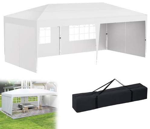 YRHome 3x6m Pavillon mit 6 Seitenwände Höhenverstellbar Wasserdicht Stabil Winterfest Faltpavillon Pop-Up Partyzelt Gartenzelt Gartenpavillon UV Schutz 210D Oxford-Gewebe inkl. Tasche Weiß