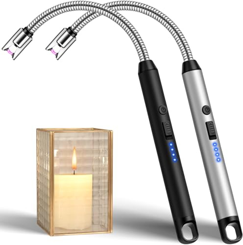 LcFun Accendino ad asta USB ricaricabile, ad arco elettrico con collo più lungo, lucchetto di sicurezza, tipo C, ricaricabile, al plasma, per cucina, camino, fuochi d'artificio (nero+argento)