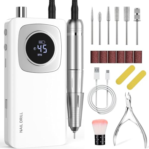 Electric Nail File, 45000 RPM Professional Nail Drill Machine Rechargeable Nail Drill for Acrylic and Gel Nails with 6 Drill Bits and Cuticle Cutter