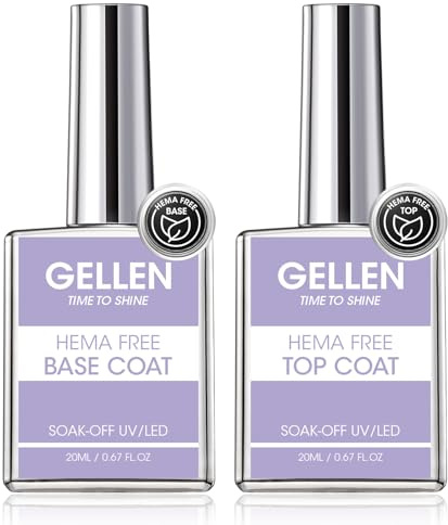 Gellen Hema-free Top and Base Coat Gel, 20ml*2 Anti-scratch No Sanding Base Coat Crystal Top Coat No Wipe Clear Gel Nail Polish, Soak Off Cured Long-lasting Glossy Shine for Home Salon