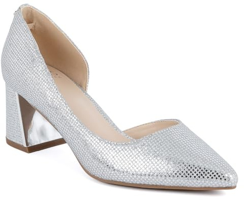 Jones New York Women’s Block Heel Pumps – Pointed Toe Dress Shoes with D’Orsay Cut, Elegant Closed Toe Heels for Parties, Weddings, and Office Wear-Candor-Silver Glitter Pearl Size 6.5