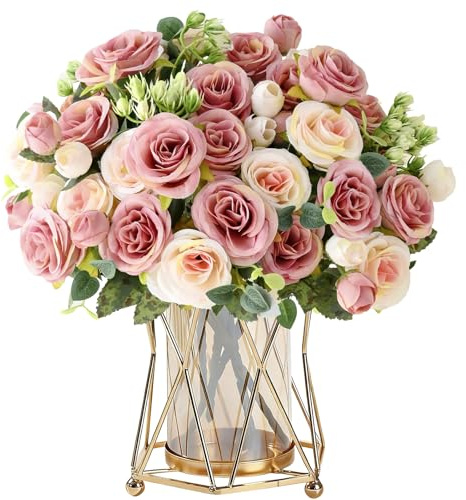 2 Bunches Rose Artificial Flowers Pink Fake Roses Bouquet Valentine's Day Artificial Rose Flowers Bouquet Faux Rose Bridal Bouquets for Wedding Party Home Table Decoration Centerpieces (2, Pink)
