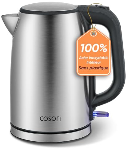 COSORI Hervidor de Agua Eléctrico 1,7L Acero Inoxidable 304, 2200W, Sin Plástico en Contacto con el Agua, Sin BPA, Ebullición Rápida, Termostato Strix, Base 360°, Apagado Automático, Negro/Plata