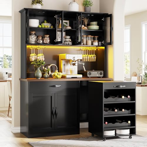 Yihomfy Armoire de Cuisine Noire 140 cm avec Chariot à roulettes, Armoire Haute LED avec Port USB, Garde-Manger avec Support à Verres et Casier à Vin, Buffet éclairé pour Salon et Salle à Manger
