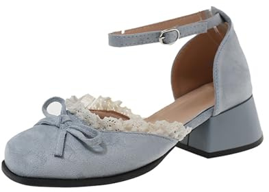 Dance Shoes Women's Traditional Shoes Comfortable and Simple 2026 Traditional Dirndl Oktoberfest Shoes with Lace Trim Block Heel Clip Pumps Festive Heel Shoes High Heels Wedding Shoes, sky blue, 4 UK