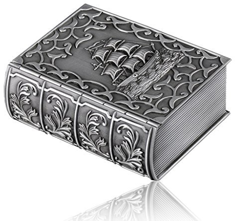 Infinite U Joyero rectangular de estilo europeo, elegante barco de vela, grabado para mujeres/niñas, plata envejecida, grande, Estaño