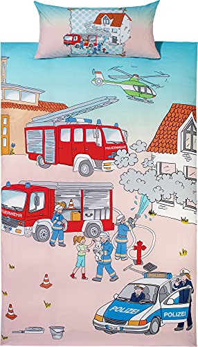 Erwin Müller Kinder-Bettwäsche, Bettgarnitur Polizei und Feuerwehr Renforcé - temperaturausgleichend, strapazierfähig, mit praktischem Reißverschluss - polizei und feuerwehr Größe 135x200 cm (40x80 cm