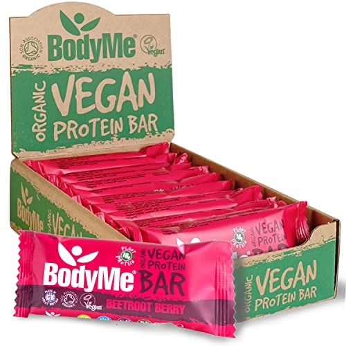 BodyMe Organic Vegan Protein Bar | Raw Beetroot Berry | 12 x 60g Protein Snack Bars | Gluten Free | 16g Complete Protein | 3 Plant Proteins with All Essential Amino Acids | High Protein Vegan Snacks