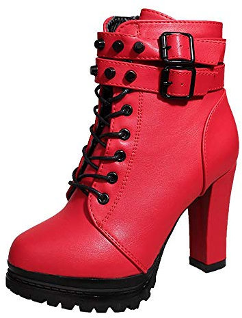 Logobeing Zapatos de Tacón Alto Botas Mujer Invierno Martain Boot Zapatos con Cordones de Cuero Botines Mujer Tacon Plataforma Zapatos (37,Rojo)
