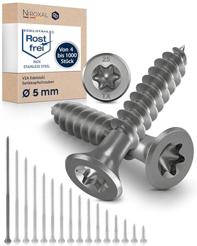 Tornillo de cabeza avellanada TORX de acero inoxidable fabricado en V2A 5-mm de espesor 120-mm de longitud del tornillo 100 piezas Rosca parcial de 70-mm 5x120 Tornillo para madera