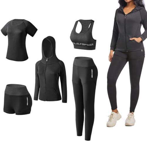 ODWTMRK Survêtement Femme Ensembles Sportswear 5 Pièce Costumes de Sport Gym Yoga Athletisme Fitness Jogging Survêtement Tenue de Sport