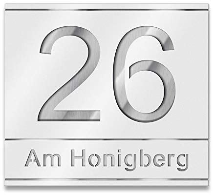 Metzler Hausnummer Edelstahl, individuelles Hausnummernschild in Verkehrsweiß mit ausgelaserter Hausnummer & Straßenname. Rostfrei, 3D-Effekt, inkl. Beschriftung, Made in Germany, Größe: 25 x 22,2 cm