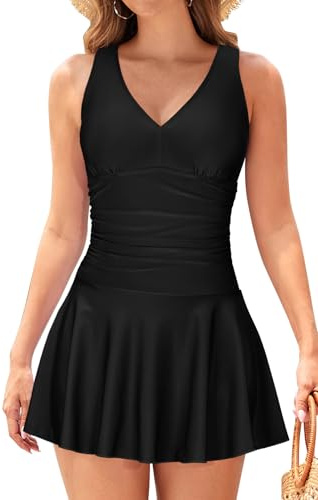 SHEKINI Donna Sexy Un Pezzo Costume da Bagno Controllo Addominale Sport Swimwear Elegante Bikini Imbottito Vintage V-Collo Costume Intero Ruched Skirted Swimwear（L，Nero）