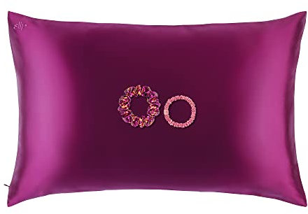Slip Silk Blossom Nights Geschenkset - Hochwertige Schlafaccessoires aus 100% Maulbeerseide - 1 x Kopfkissenbezug, 1 x großer Scrunchie, 1 x Skinny Scrunchie - Dreiteiliges Set, Violett