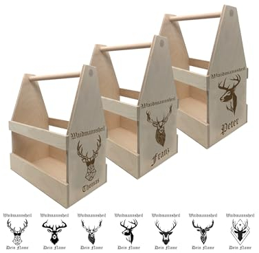 Bierträger Waidmannsheil Mit Namen Personalisiert - Flaschenträger Mit Hirschkopf und Geweih - Männerhandtasche Aus Holz - Geburtstagsgeschenk Biergeschenk