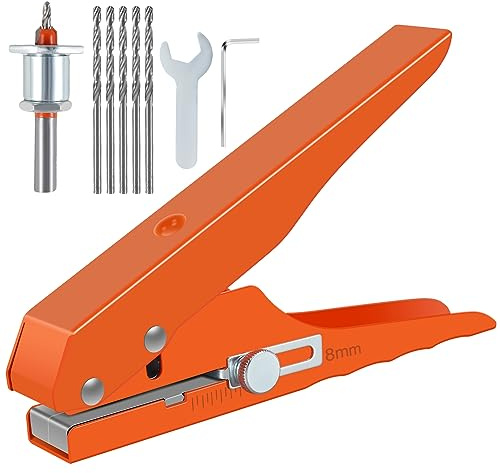 Single Hole Punch, Heavy Duty Hole Puncher, Handheld Paper Hole Puncher, Edge Banding Punching Pliers Punching Tool with Limiter, 5 Center Drill, 2 Wrench for Paper Cards, Hard Film, Thin Wood