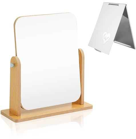 FINEASY Kosmetikspiegel, Tischspiegel mit Kleiner Spiegel, 360 Grad Drehung Schminkspiegel Stehend Holz für Schminktisch Schlafzimmer Schreibtisch Badezimmer