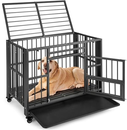 Maxmass Foldable Dog Crate, Heavy Duty Metal Puppy Cage with Universal Lockable Wheels, 3 Lockable Doors & Removable Tray, Indoor Outdoor Pet Kennel for Small to Medium Size Dogs Cats Training