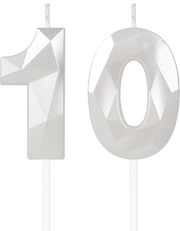 mciskin White 10th Birthday Candles, 3D Number 10 Candles for Cake, Girls Boys 10th Birthday Decorations,Pearl White Candle Cake Topper Decorations for Birthday Party Weddings Anniversary Supplies