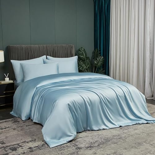 Cooling Bed Linen 220 x 240 cm Bamboo Summer Bed Linen Blue Light Blue Plain 100% Natural Bamboo Fibre Breathable Cool Duvet Cover Set Luxury Duvet Cover with Zip and 2 Pillowcases 80 x 80 cm