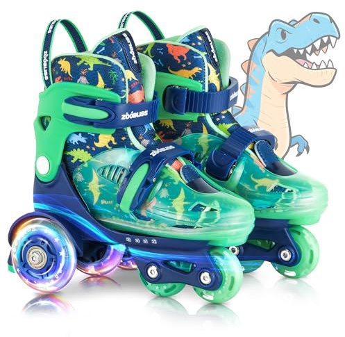 Kids Roller Skates for Beginners - ZOOBLISS Toddler Roller Skates for Boys Ages 3-7 with Light-Up Wheels & 4 Adjustable Sizes, Tri-Wheel Training Skates for Kids (Dino Blue)