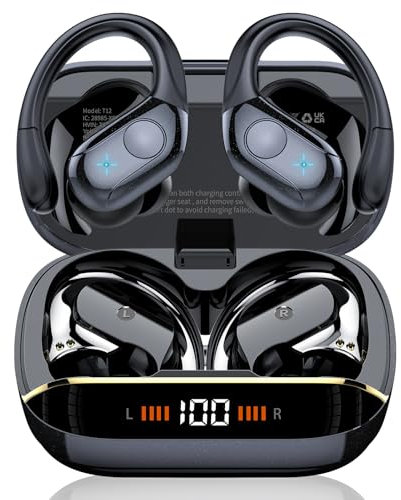 Qecnato Auriculares Inalámbricos Deportivos, Auriculares Bluetooth 5.4 HiFi Estéreo con HD Micrófono, 75H Cascos Inalambricos Bluetooth con Cancelacion Ruido ENC, Pantalla LED, IP7 Impermeable, Negro