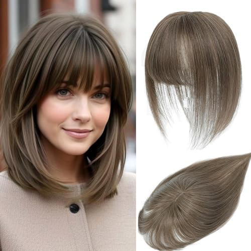 Toupet in capelli umani per donne con ciuffo, cuciti a mano con copertura 360° 3D, naturali per capelli sottili - Parrucche per donne (Castano Mogano Medio)