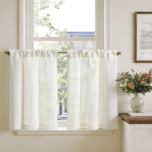 TOPICK Fönstergardiner set om 2 stycken H 75 x 65 cm, linneutseende, bistrogardin för vardagsrum, kök, små fönster, ljusgenomsläppliga, köksgardiner, korta gardiner, modernt lantställe, dragsko