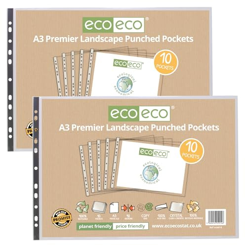 eco-eco Lot de 2 paquets de 10 pochettes perforées A3 paysage 100% recyclé, 20 portefeuilles, 90 microns (2 paquets de 10), eco014x2