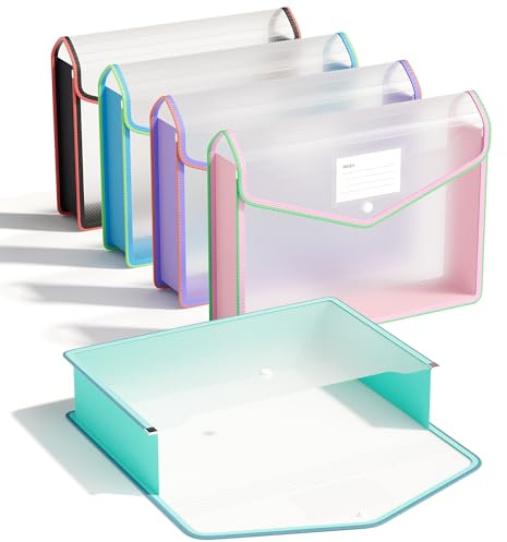 ThinkTex A4 plastmapp, 5 st dokumentmappar genomskinliga kuvert med snäppstängning, inga avdelare, stor kapacitet, blandade färger, för skola kontor hem (genomskinlig)