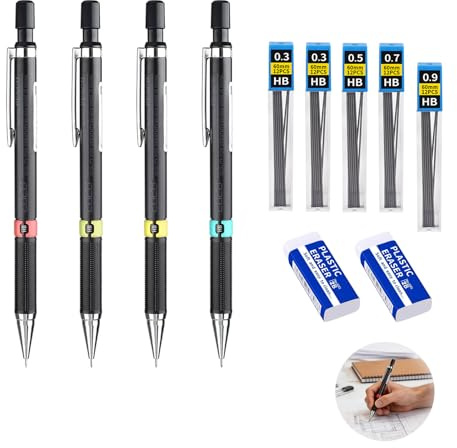 Wafuesh Lot de 4 Porte-mines Mécaniques, Crayons Mécaniques en 0,3 mm, 0,5 mm, 0,7 mm et 0,9 mm avec Recharges de Plomb HB et Gommes pour Écriture, Dessin et Esquisse, mechanical pencil