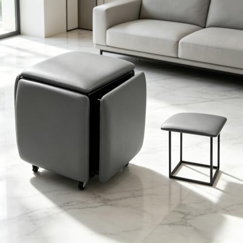 Taburete 5 en 1 con forma de cubo, 46 x 46 x 48 cm, multifuncional, apilable, con 4 ruedas universales, buen uso del espacio, para salón, dormitorio, oficina (gris)