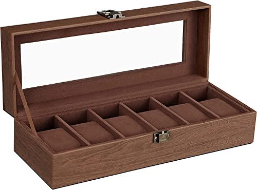 SONGMICS Watch Box with 6 Slots, Watch Box, Glass Lid, Removable Pads, Metal Lock, Brown Coating and Brown Lining JWB006K01