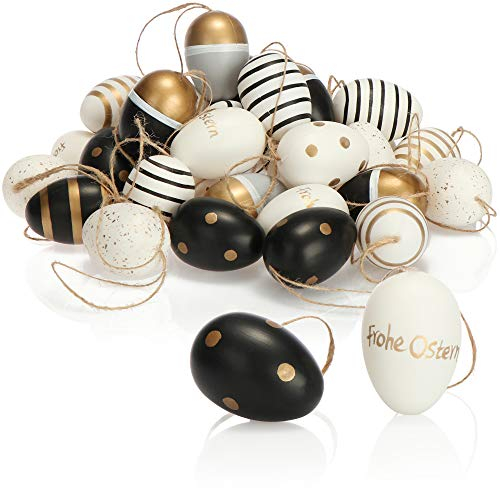 COM-FOUR® 36x Ostereier zum Aufhängen 6 cm - Osterdeko in tollen Farben - Hänge-Dekoration mit verschiedenen Designs (schwarz/weiß/goldfarben - 01)