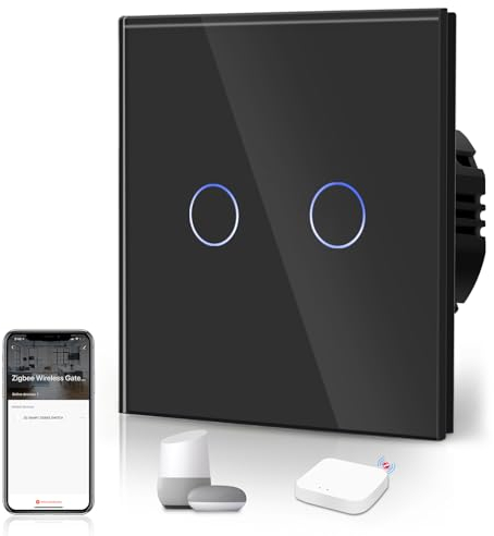 BSEED Smart ZigBee Schalter Unterputz Lichtschalter WiFi Berührungssensor Glas 2.4GHz Single Live Wandschalter (Hub Erforderlich) Kompatibel mit Alexa/Google Home/Tuya/Smart Life 2 Fach 1 Weg Schwarz