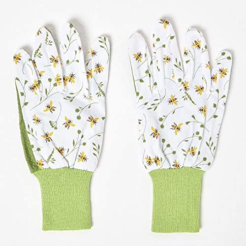 Homescapes grüne Gartenhandschuhe mit floralem Bienenprint, schnittfeste Handschuhe mit Elastikbündchen, atmungsaktive, rutschfeste, mittelgroße Baumwollhandschuhe für Gartenarbeit und Heimwerken