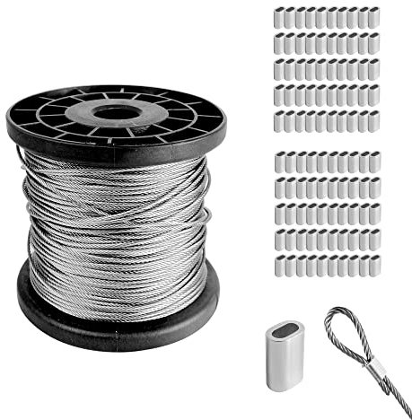 1/16 Wire Rope Set 100m, 304 Stainless Steel Wire Cable 1.5mm, Heavy Duty Steel Cable with 100 Crimping Clamps Loop Sleeve, 7x7 Strand Core, 167kg Breaking Strength