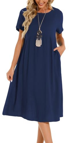 Lpecmin Womens Summer Dresses Casual Short Sleeve Round Neck Midi A Line Cotton Linen Sundress with Pockets(Navy, Large)