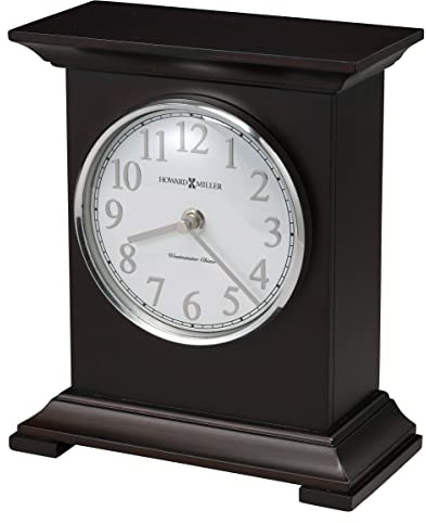 Howard Miller Nell Mantel Clock, Espresso Finish Rectangular Wooden Frame Top Flat Pediment, Silver Ring Round White Analog Dial Arabic Numerals Perfect for Home Decor, Office & Bedroom