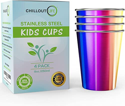 Kinderbecher aus Edelstahl, 237 ml, kleine Kinderbecher für Zuhause und Outdoor-Aktivitäten, BPA-frei, unzerbrechlich, stapelbare Premium-Trinkgläser aus Metall (4er-Pack) – Regenbogenfarben-Finish