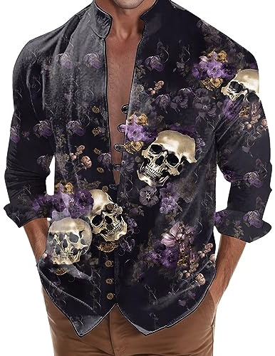 Mymyguoe Camisa de calavera gótica para hombre, calavera de rosa, estampado 3D, camiseta de manga larga con cuello abotonado, informal, disfraz de Halloween, A Lila, L