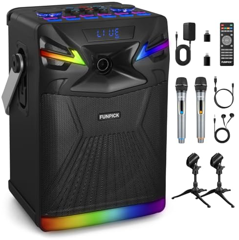 6,5 Pulgadas Altavoz DSP Karaoke Profesional con 2 micrófonos inalámbricos para TV, Máquina Bluetooth portátil con USB-C/Registro/Radio FM para Youtube/Tiktok Adultos niños FPSK-1