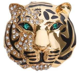 EMSea Broche de cabeza de tigre con diamantes de imitación, pin de solapa de aleación para hombre, vintage, para bufandas, cuello, accesorios para hombres, 33 x 36 mm, dorado